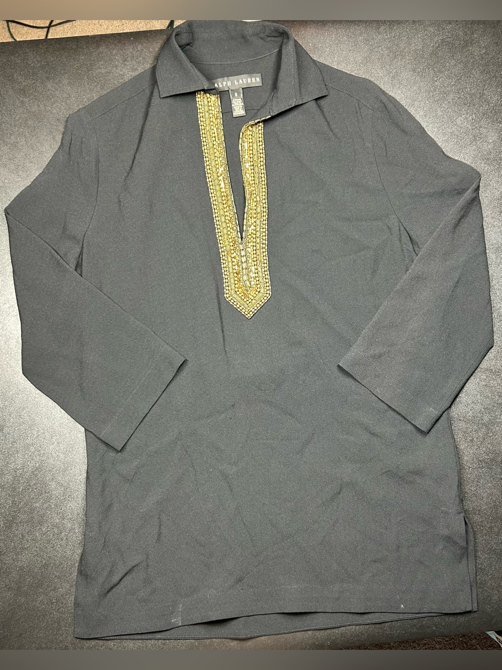 Ralph Lauren Black Label Size 8 Gold Beaded Black Long Sleeve Top